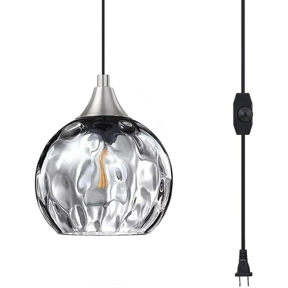 Kiven Plug in Pendant Light, Farmhouse Hanging Light Fixture with Grey Glass Globe, E26 Socket Dimmable Pendant Light for Bedroom Hallway Kitchen