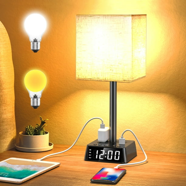 Table Lamp Bedside Lamps with 4 USB Ports and 2 Power Outlets, Alarm