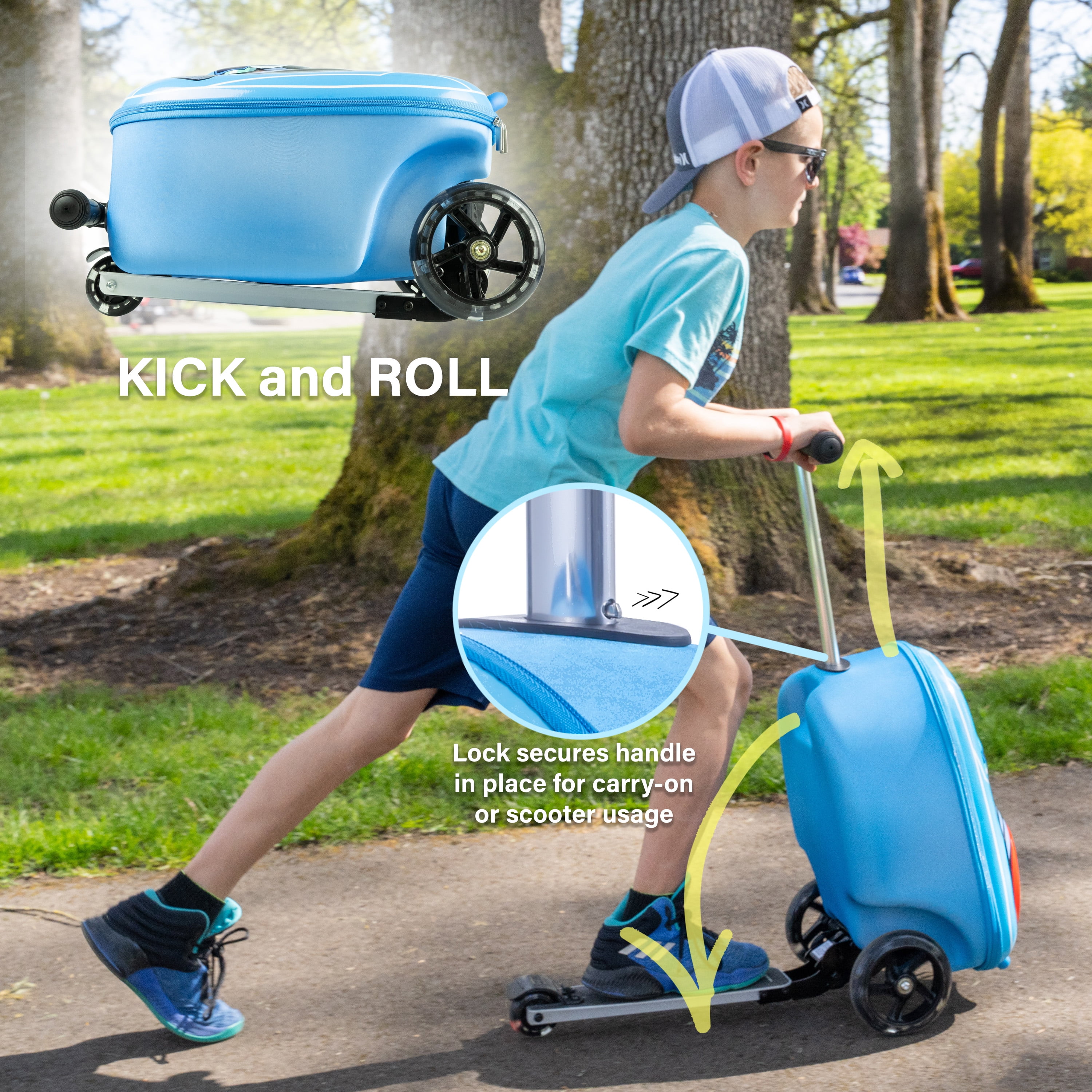 KIDDIETOTES 3-D Hardshell Ride On Suitcase Scooter for Kids - Cute  Lightweight Kids Luggage with Wheels - Fun LED Lights