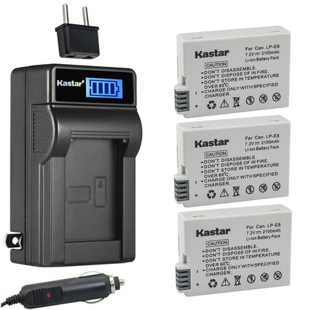 Kastar 3-Pack LP-E8 Battery and LCD AC Charger Compatible with Canon LP-E8 LPE8 Battery  Canon LC-E8 LC-E8E Charger  Canon EOS Kiss X5  EOS Kiss X6 Digital Cameras  Canon Camera Grip BG-E8