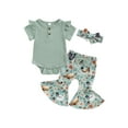 thumbnail image 2 of Yunliwuli Baby Girl Romper Outfit Ribbed Ruffled Short Sleeve Jumpsuit with FloralChick Flare Pants Headband 3Pcs Outfit, 2 of 10