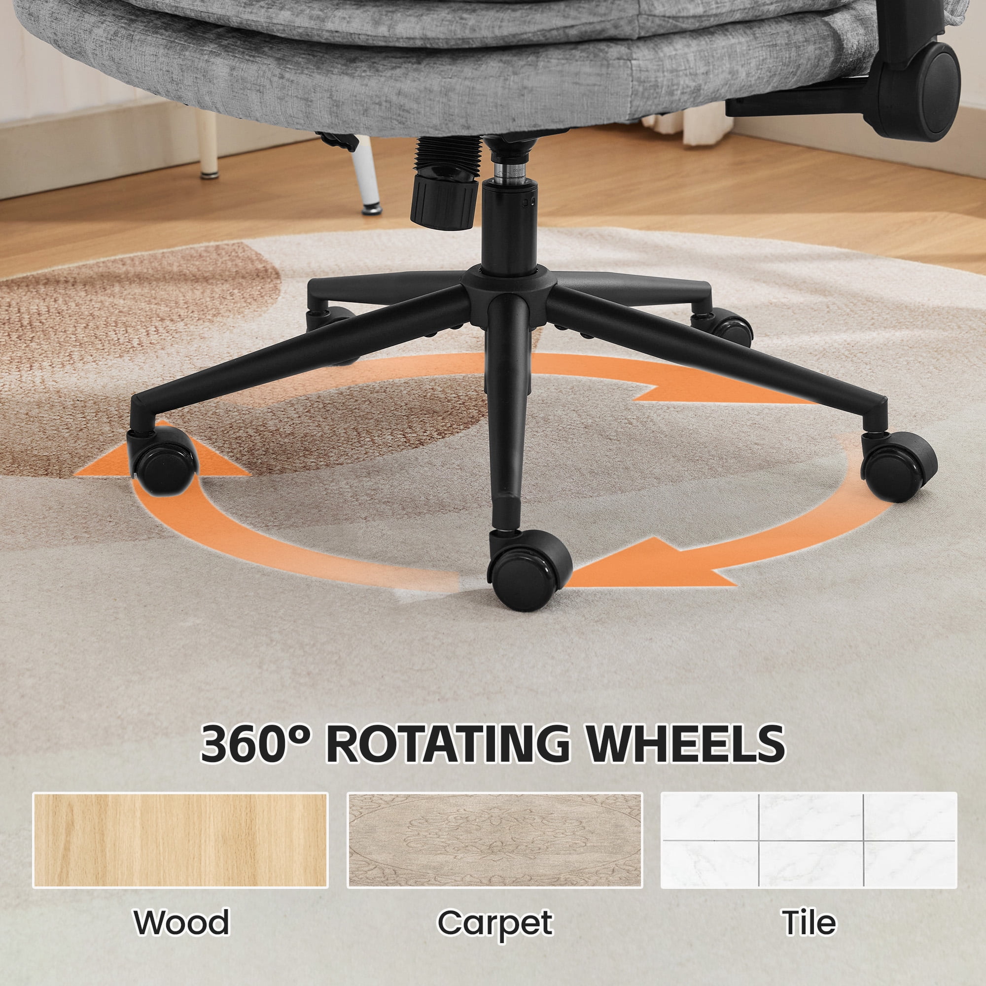 DOMICARE Criss Cross Chair with Flip-Up Arms, Wide Cross-Legged Office Chair with Wheels, Swivel Vanity Desk Chair, Gray Chenille