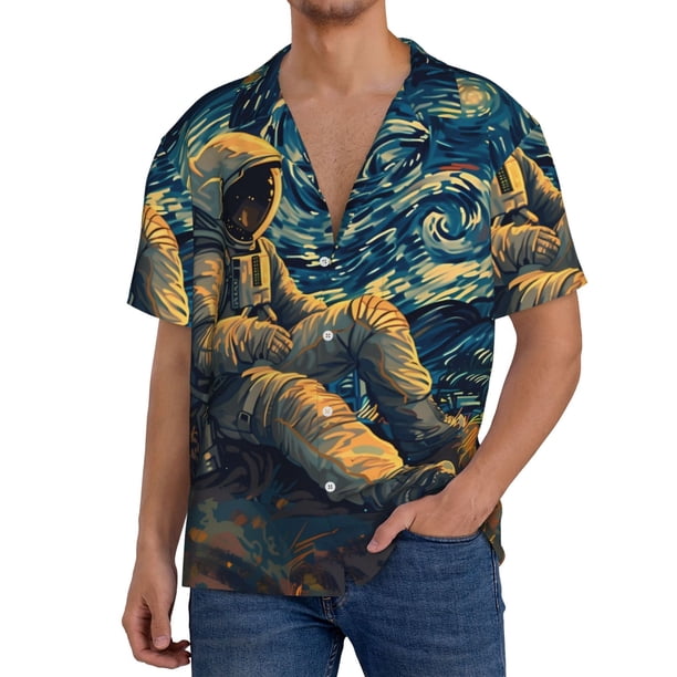 Balery Astronaut Starry Night Camisa Casual de Manga Corta con Botones para Hombre, Texturizada, Estilo Cubano, para Playa, Verano-Large