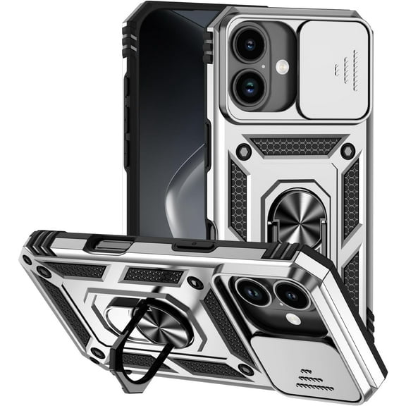 MYKOMI for iPhone 17 Case, Heavy Duty Shockproof Full Body Protective Case with Slide Camera Cover and Ring Magnetic Car Stand for Women & Men