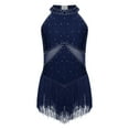 thumbnail image 2 of LiiYii Kids Girls Ballet Dance Latin Jazz Fringed Dress Sheer Mesh Keyhole Back Tassel Leotard Glittery Bodysuit Navy Blue 8, 2 of 6