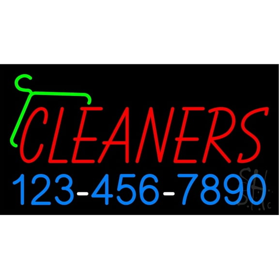 Red Cleaners Phone Number Logo LED Neon Sign 13" Tall x 24" Wide - inches, Black Square Cut Acrylic Backing, with Dimmer - Bright and Premium built indoor LED Neon Sign for Storefront.
