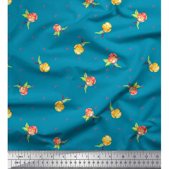 Soimoi Blue Cotton Duck Fabric Flower Floral Printed Fabric 1 Yard 42 Inch Wide