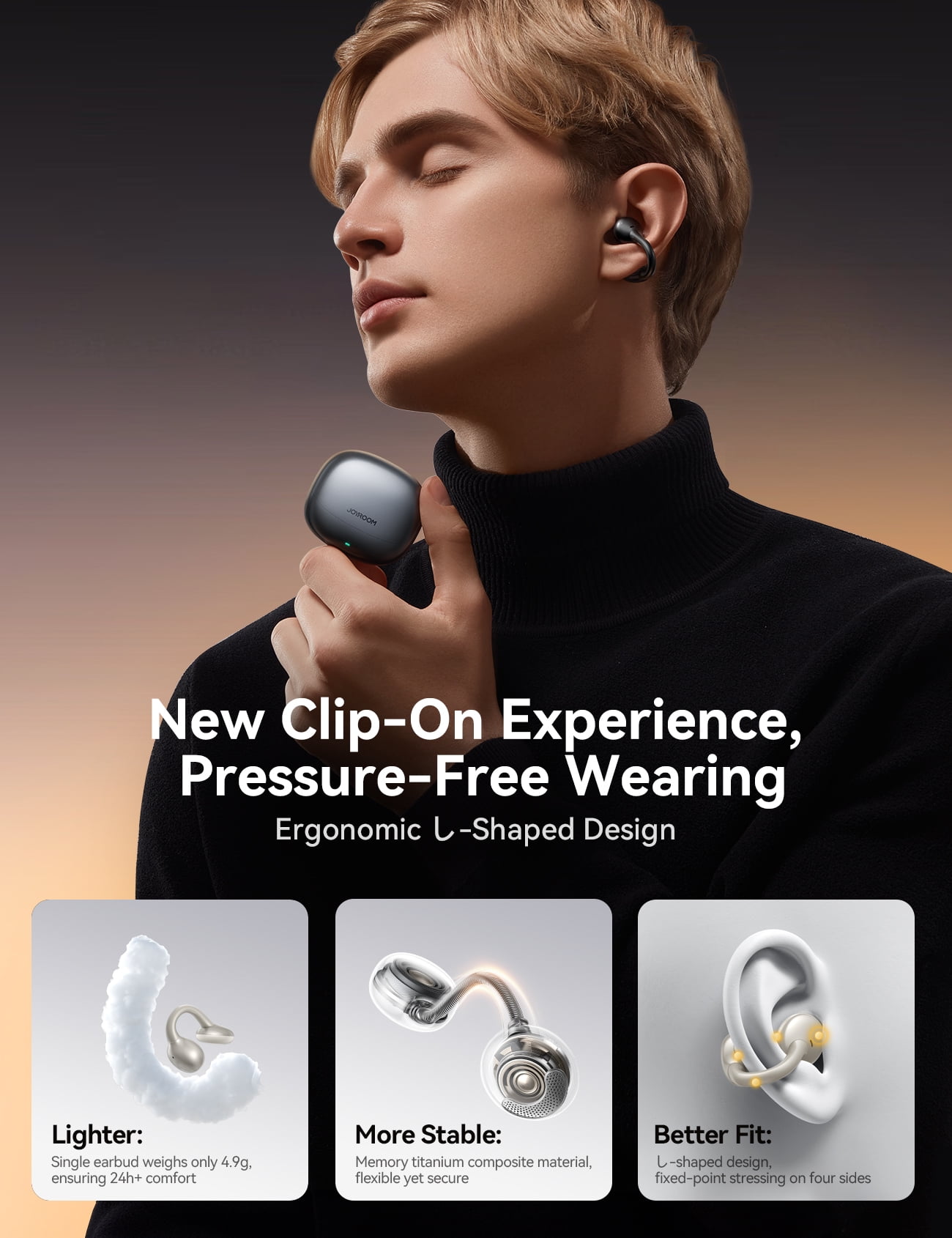 JOYROOM OE3 Open Ear Wireless Earbuds, Ultra-Lightweight Comfortable Clip-on Earbuds, Bluetooth 5.4 Headphones with Full Surface Touch Control, Bass Sound, IPX4 Waterproof Fit for Workout and Daily