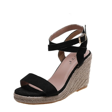 

Womens Sandals Ladies Shoes Wedge Straw Straw Suede Fish Mouth Breathable Buckle Strap Sandals Women S Sandals Pu Black 42