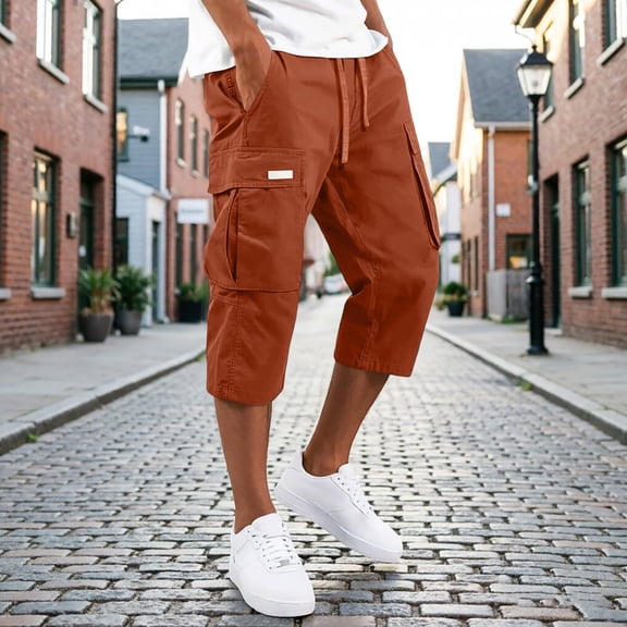 Men's Cotton 3/4 Length Cargo Shorts Relaxed Fit Below Knee Capri Pants with Drawstring & Multiple Utility with White Label and Pockets