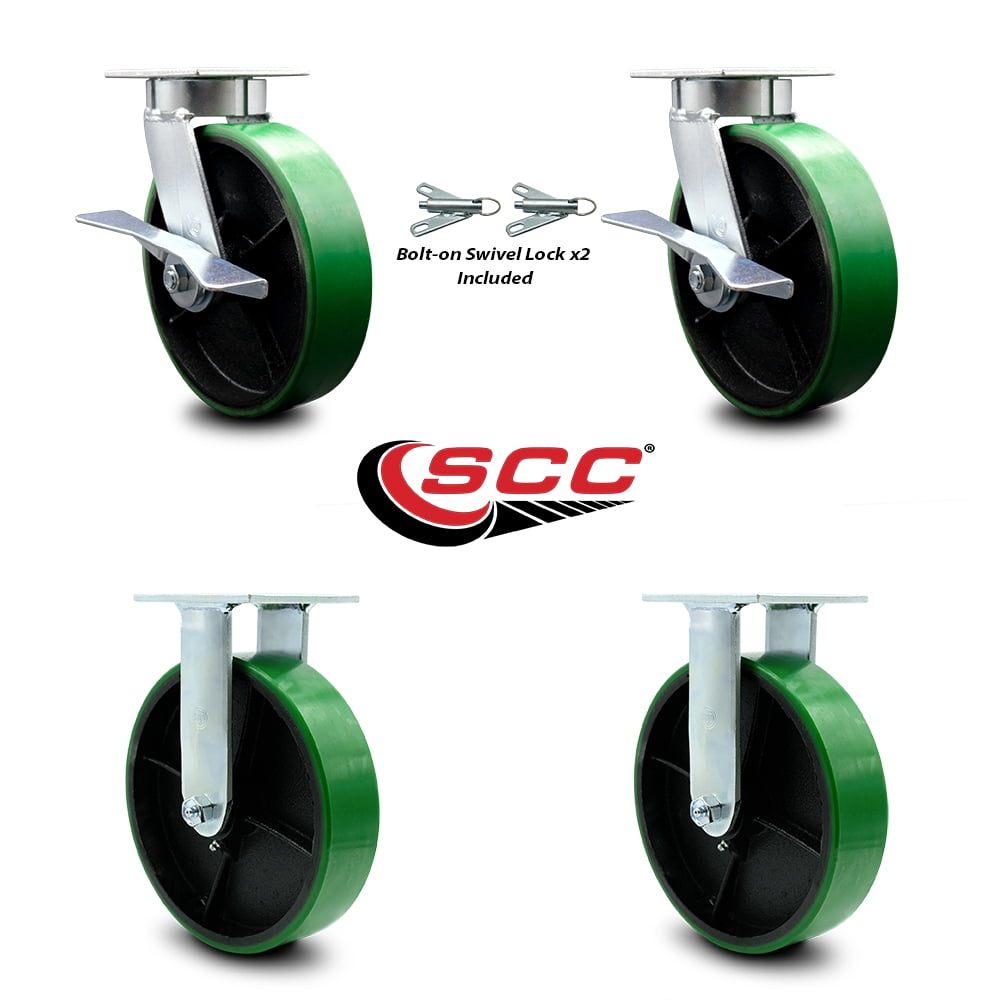 8 Inch Kingpinless Green Poly on Steel Wheel Caster Set 2 Swivel Locks 2 Rigid