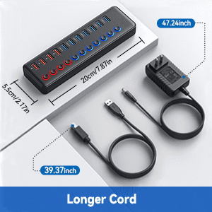 AUBEAMTO Powered USB 3.0 Hub, 11-Port USB Hub Splitter (7 Faster Data Transfer Ports+ 4 Smart Charging Ports) with Individual LED On/Off Switches, USB Hub 3.0 Powered with Power Adapter for Mac, PC