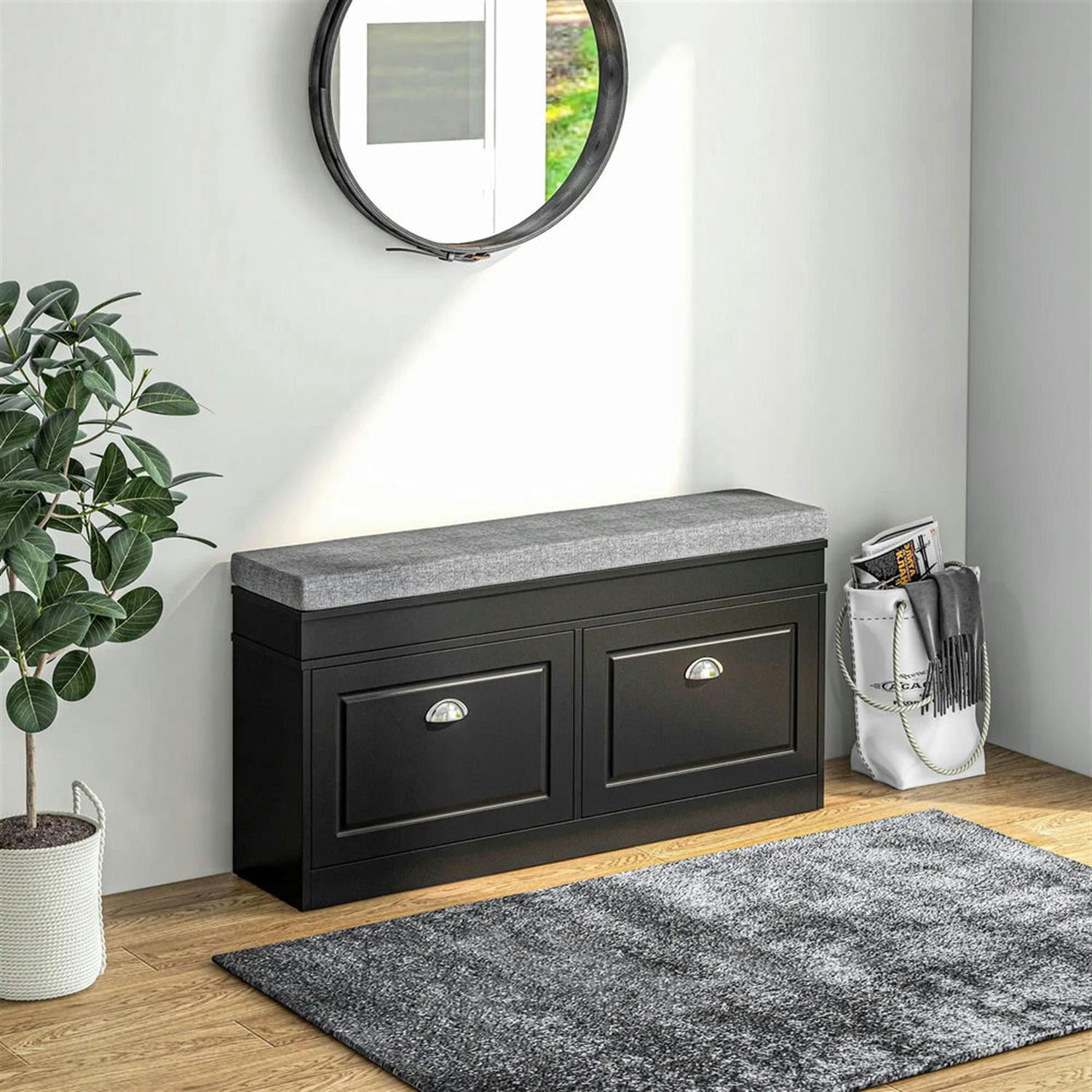 Demi Bonn 41" Modern Storage Bench with Cushion, Entryway Bench, 2 Drawer Ottoman, Large Capacity for 8 Pairs Shoes, Black