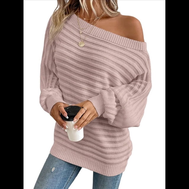 Suéteres de Otoño para Mujer, Hombros Descubiertos, Mangas Murciélago, Tops de Punto Texturizados, Suéter Extragrande de un Solo Hombro. Rosa XL