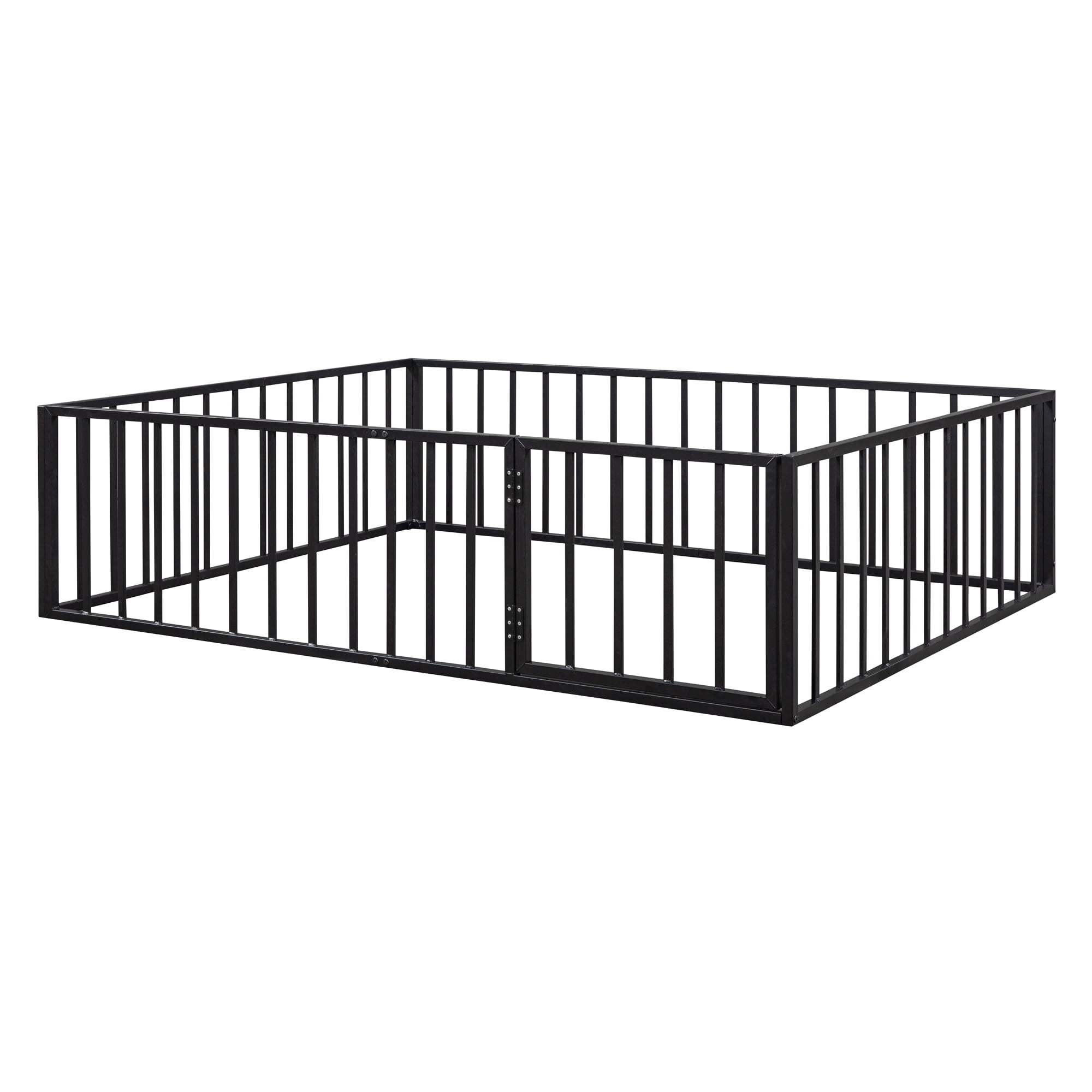 Queen Size Floor Bed with Fence and Door, Low Profile Metal Montessori Bed Frame with Slats Supports,Easy Assembly, No Box Spring Needed,Black