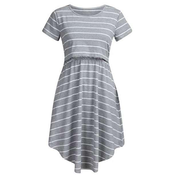 Qarigey Vestido de enfermería Vestido de rayas de manga corta Trajes de mujer que amamanta Vestidos Gris XL