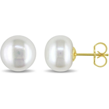 Miabella 10-11mm White Button Cultured Freshwater Pearl 14kt Yellow Gold Stud Earrings