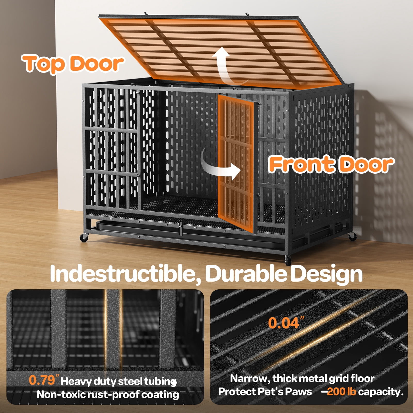 YOKWOK 48 Inch Heavy Duty Indestructible Dog Crate Cage, Chew Proof & Escape-Proof XL Kennel for High Anxiety Large Dogs, with Locking Wheels and Removable Tray for Indoor & Outdoor Use, Black