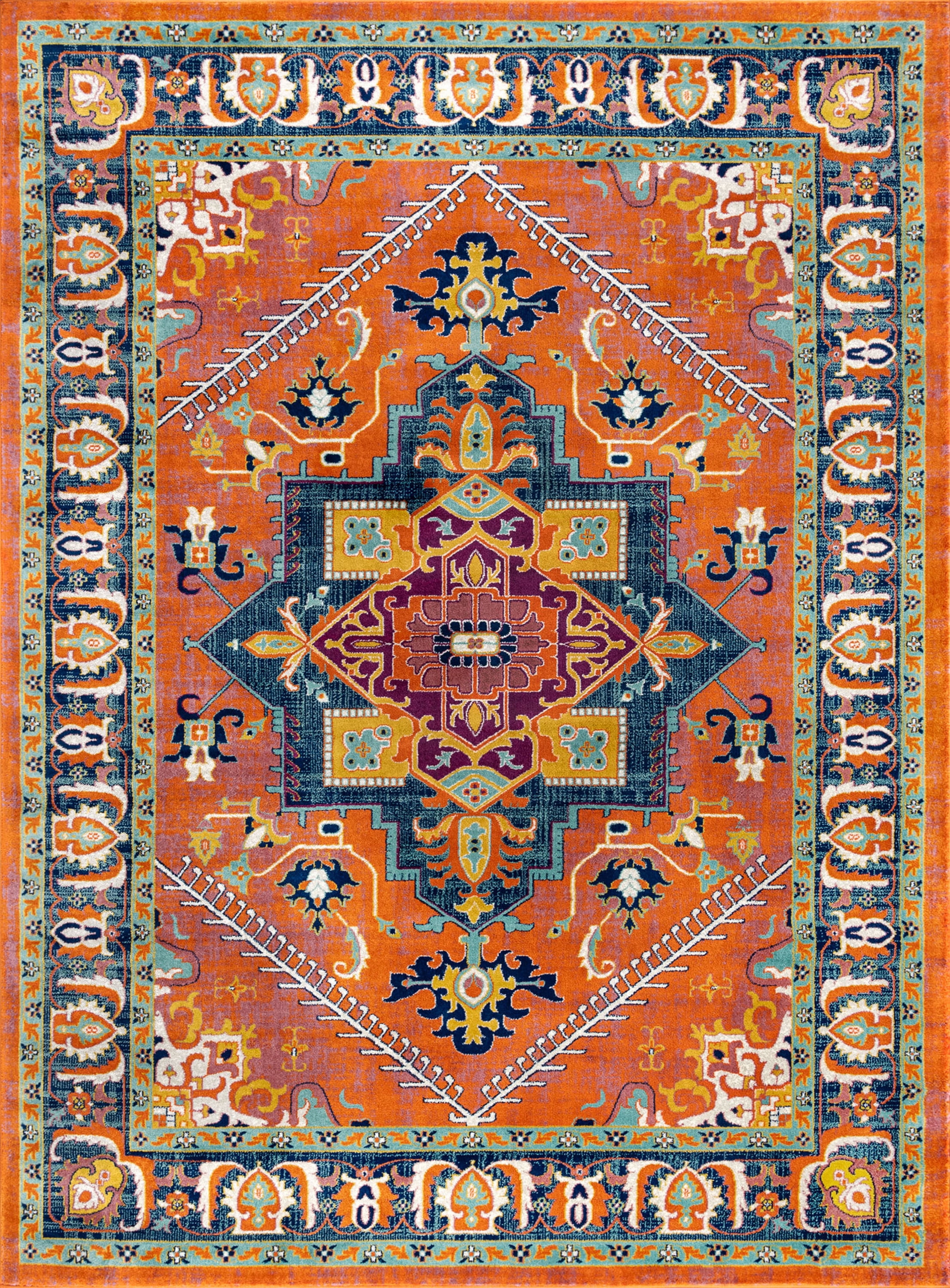 Transitional 4x6 Area Rug (3'11'' x 5'3'') Oriental Orange, Navy Indoor Rectangle Easy to Clean