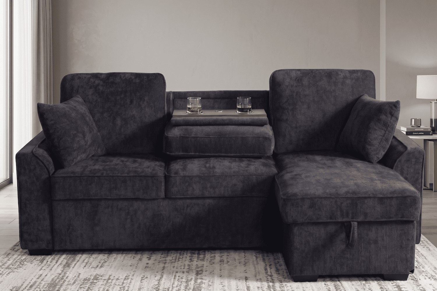 86" Sectional Sofa for Living Room, Convertible L Shaped Sleeper Couch with Pull Out Bed, Modular Chenille Sectional Couch with Storage Chaise, Cup Holders & Removable Tray, Adjustable Backrests