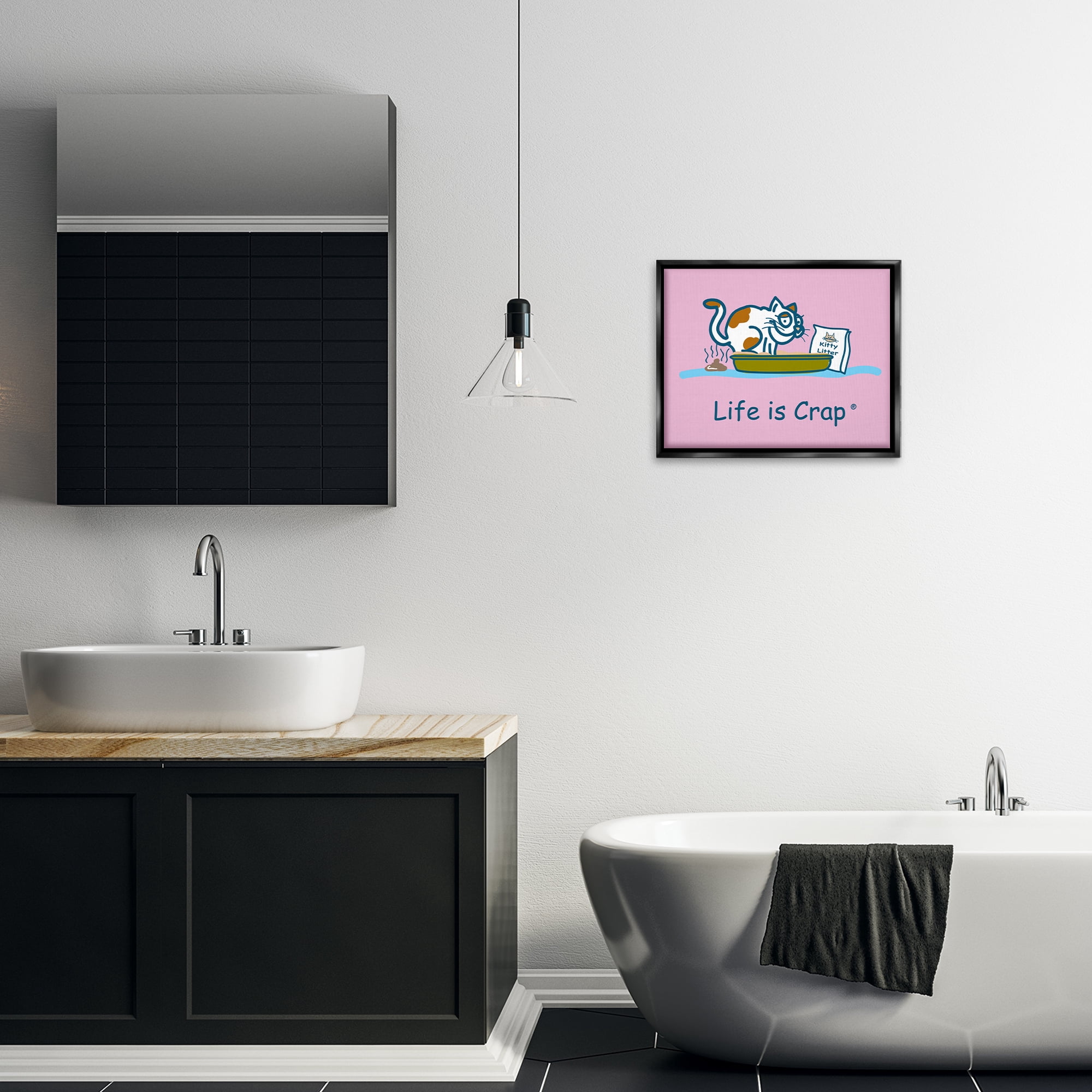 Stupell Industries Kitty Litter Funny Novelty & Humor Painting Black Floater Framed Canvas Art Print Wall Art, 21 x 17