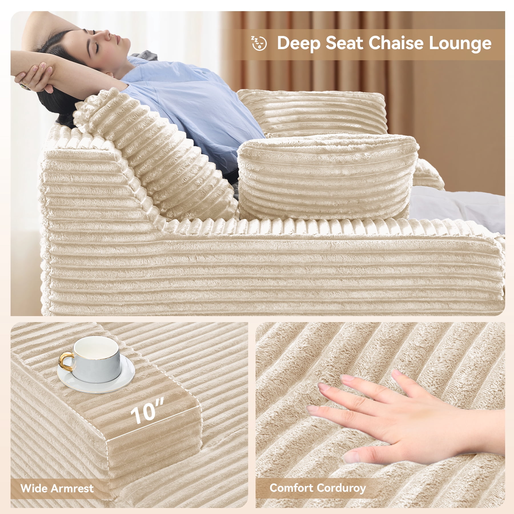 MOONMISS 68" Oversize Chaise Lounge Chair Indoor,Comfy Non-assembly Sofa Couches With 3 Pillows,Khaki