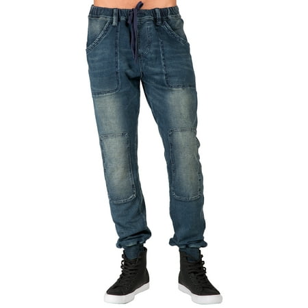 Level 7 Men's Premium Knit Denim Jogger Jeans Indigo Hand Sanded Knee (Best Way To Patch Jeans Knee)