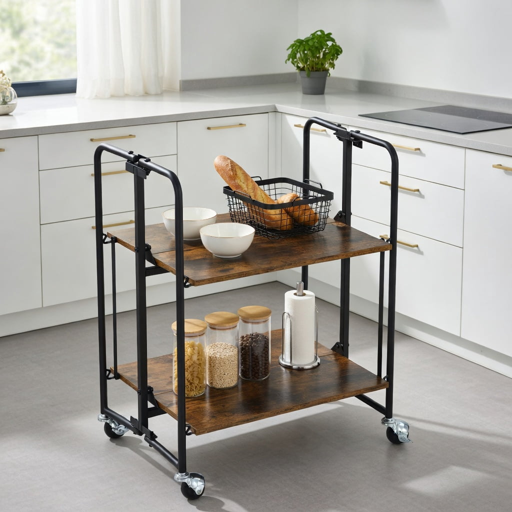 Demi Bonn Rolling Cart, Kitchen Island Cart, Folding Rolling Cart with Metal Frame-2-Tier, for Kitchen, Dining Room, Rustic brown