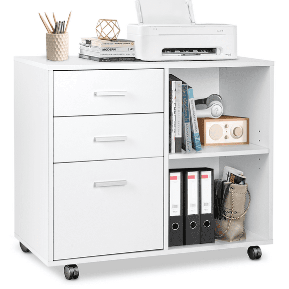 Richya 3 Drawer Wood File Cabinet, Mobile Lateral Filing Cabinet with Wheels, fits Letter/A4 Size, Printer Stand with Storage Shelves for Home Office, White