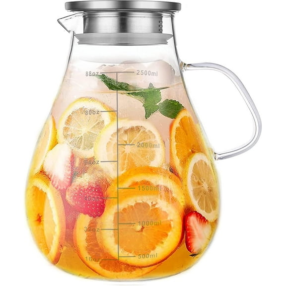Glass Pitcher with Lid,88 Ounces -2500ml with Precise Scale Line, Hot/Cold Water Jug, Juice and Iced Tea Beverage Carafe with Lid