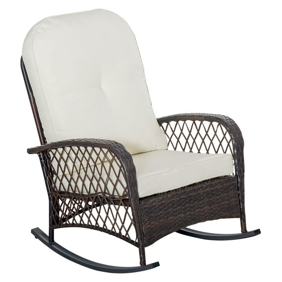 Wicker Rocking Chair - Outdoor Patio Rocker with Cushion, Steel Frame, 352 lbs Capacity - Cream White