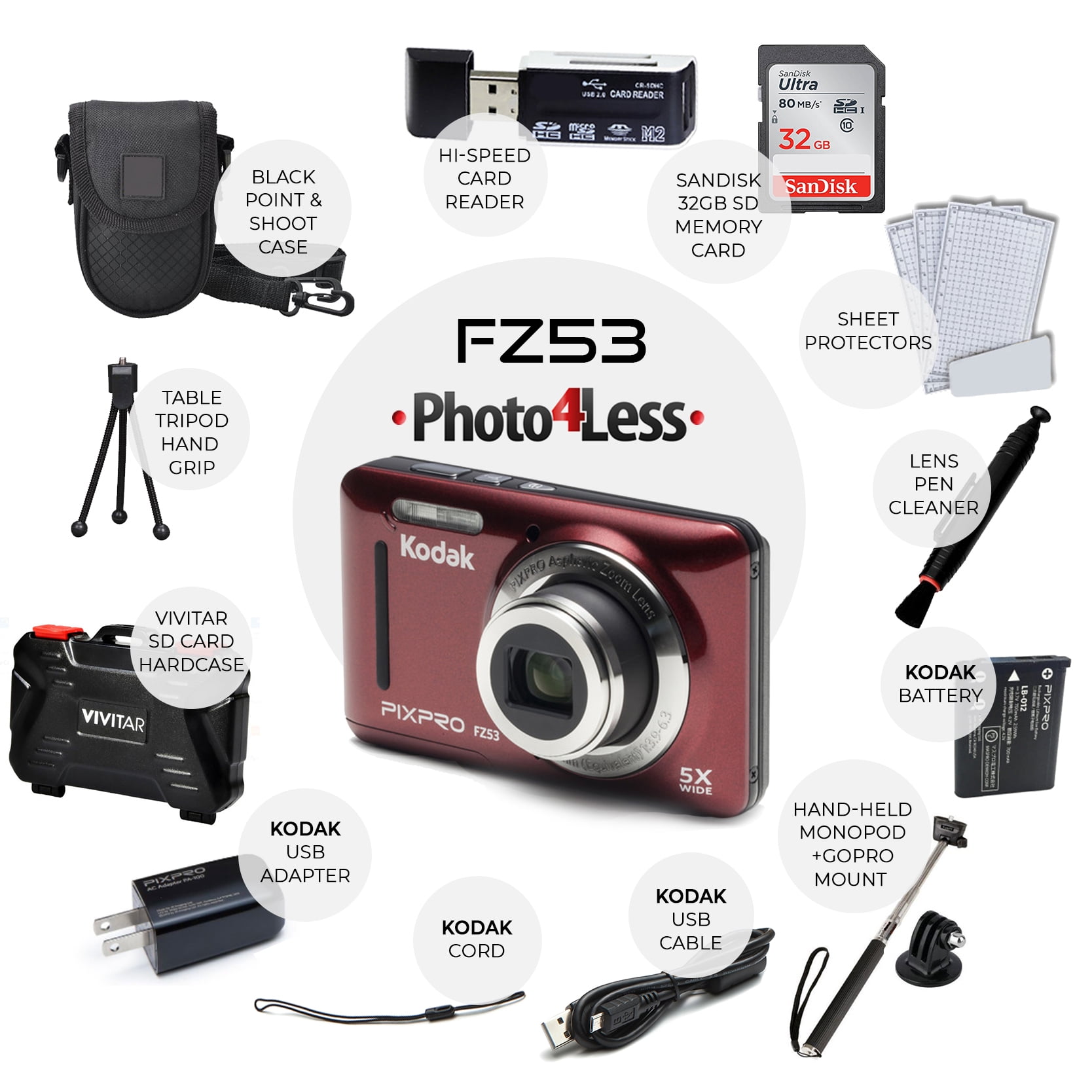 Kodak PIXPRO FZ53 Digital Camera (Red) + 32GB Card + Case +
