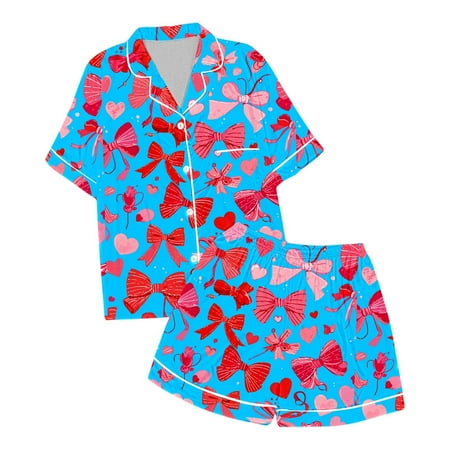Girls Satin Pajamas Summer Kids Toddler Girls Bow Tie Print Satin Pajama Set Classic Casual Sleepwear Kids Pajamas Girls Sky Blue 6 Years-7 Years