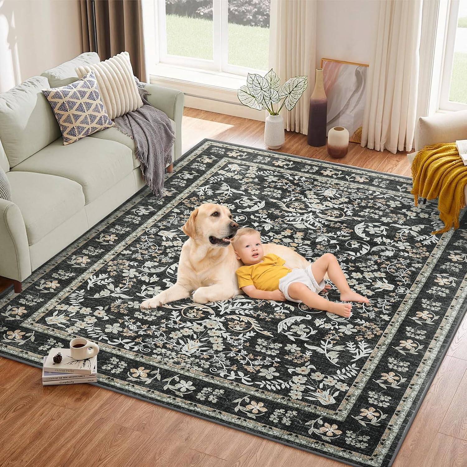 Memoryfield Washable Vintage Area Rug 8' x 10', Soft Low Pile Indoor Non Shedding Floor Covering, Foldable Floor Mat, Black