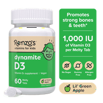 Renzo’s Vitamins Dynamite D3 Vitamin Melty Tabs Sugar Free and Vegan Dietary Supplements for Kids, Green Apple Flavor, 60 Count