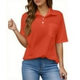 thumbnail image 2 of WTOBBY Women's Modern Button-Down Shirt with Chest Pocket, Casual Short Sleeve Solid Color Blouse for Business Casual Attire,Vermilion L, 2 of 5