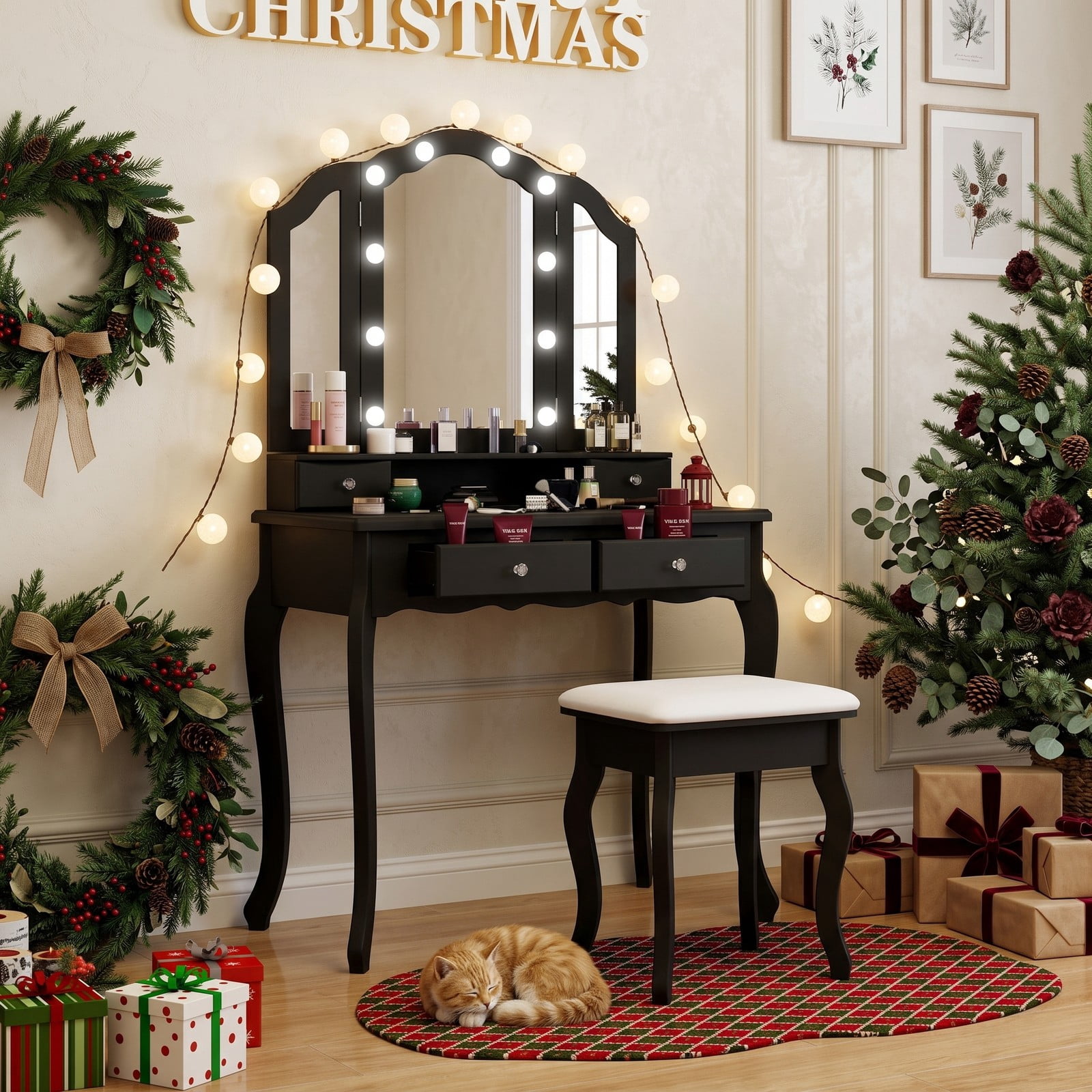 Furnibear Makeup Vanity Table Set with Tri Folding Lighted Mirror and Drawers and Cushioned Stool for Bedroom and Dressing Room, Black