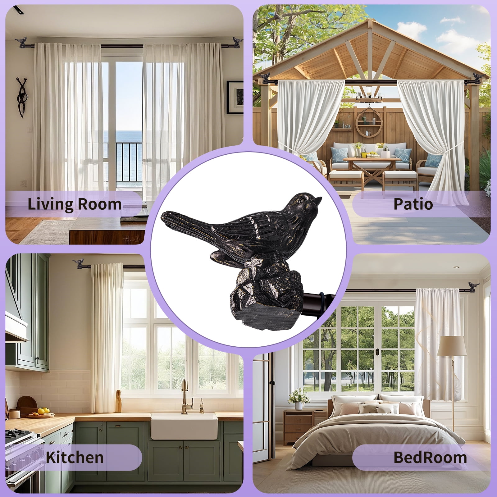 Curtain Rods 36"-120" Vintage Oil Bronze Curtain Rods for Windows Adjustable Drapery Rod with Bird Finials Heavy Duty Brown Curtains Rod for Living Room Bedroom
