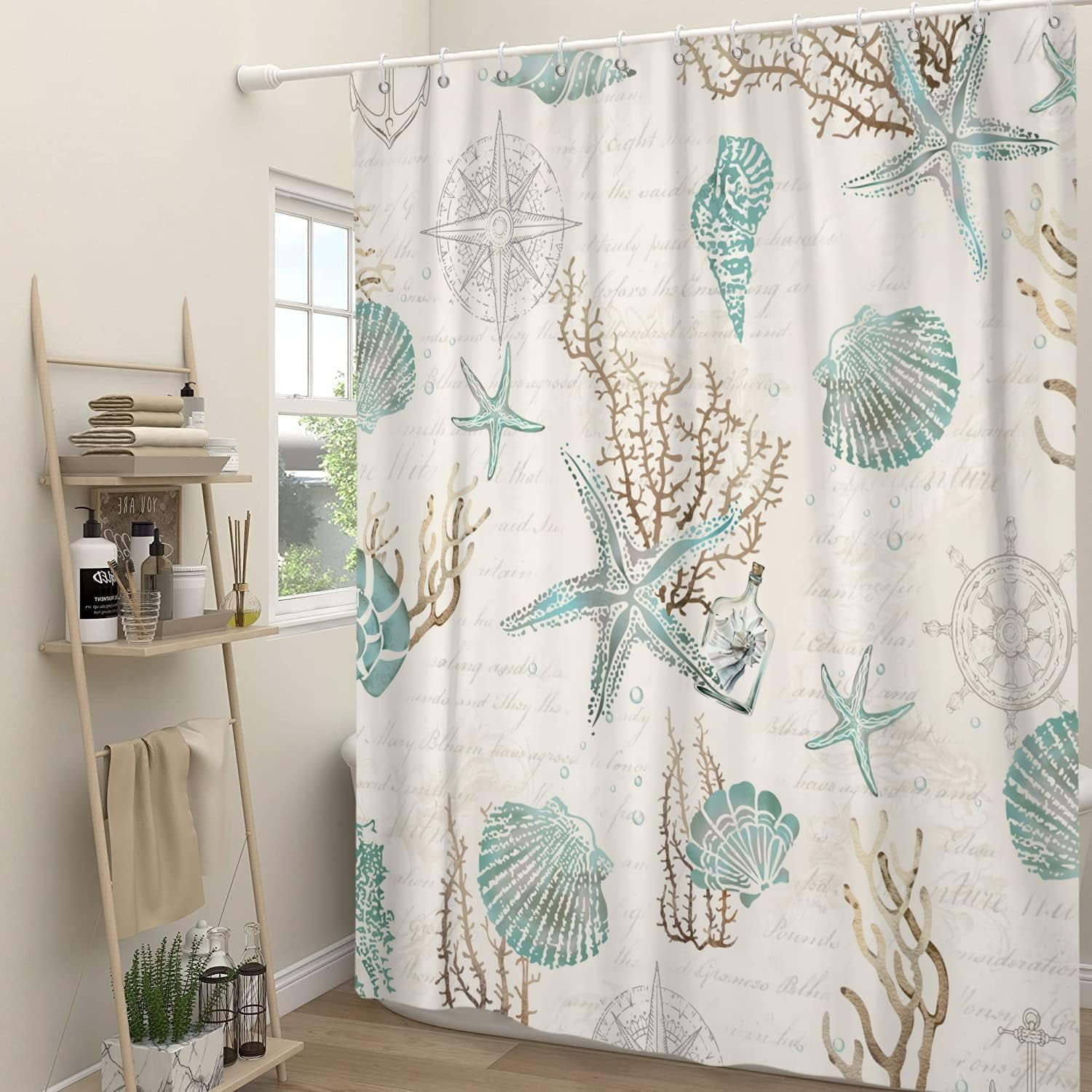 Starfish and Seashells Shower Curtain, Weighted Bottom Vintage Beige Ivory Coral Conch Nautical Oncean Beach Bathroom Curtain Waterproof Fabric Machine Washable with Hooks,72" Wx72 L