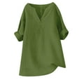 thumbnail image 4 of MIXUE Womens Summer Tops Linen Solid Color V Neck Short Sleeve Stylish Comfortable Casual T-shirts Sportwear,Green,XXL, 4 of 4