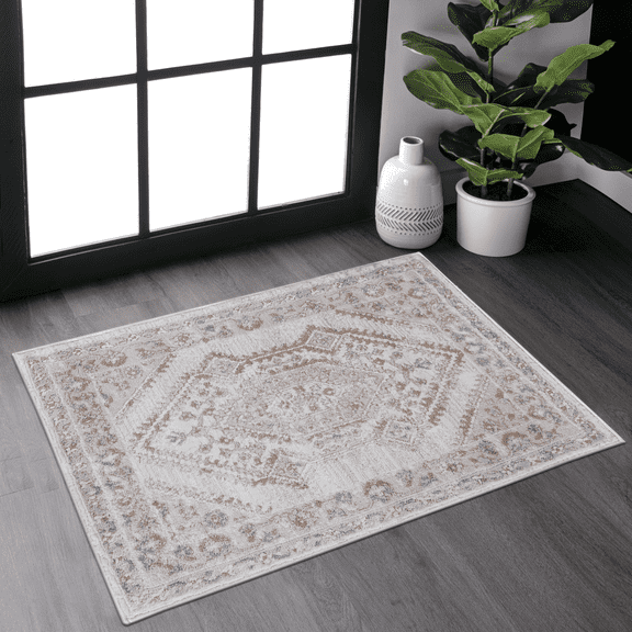 2'x3' Cream/Ivory Bordered Area Rug, Non-Shedding Stain Resistant Medium Pile Rug, Kid & Pet Friendly for Living Room Bedroom Entryway