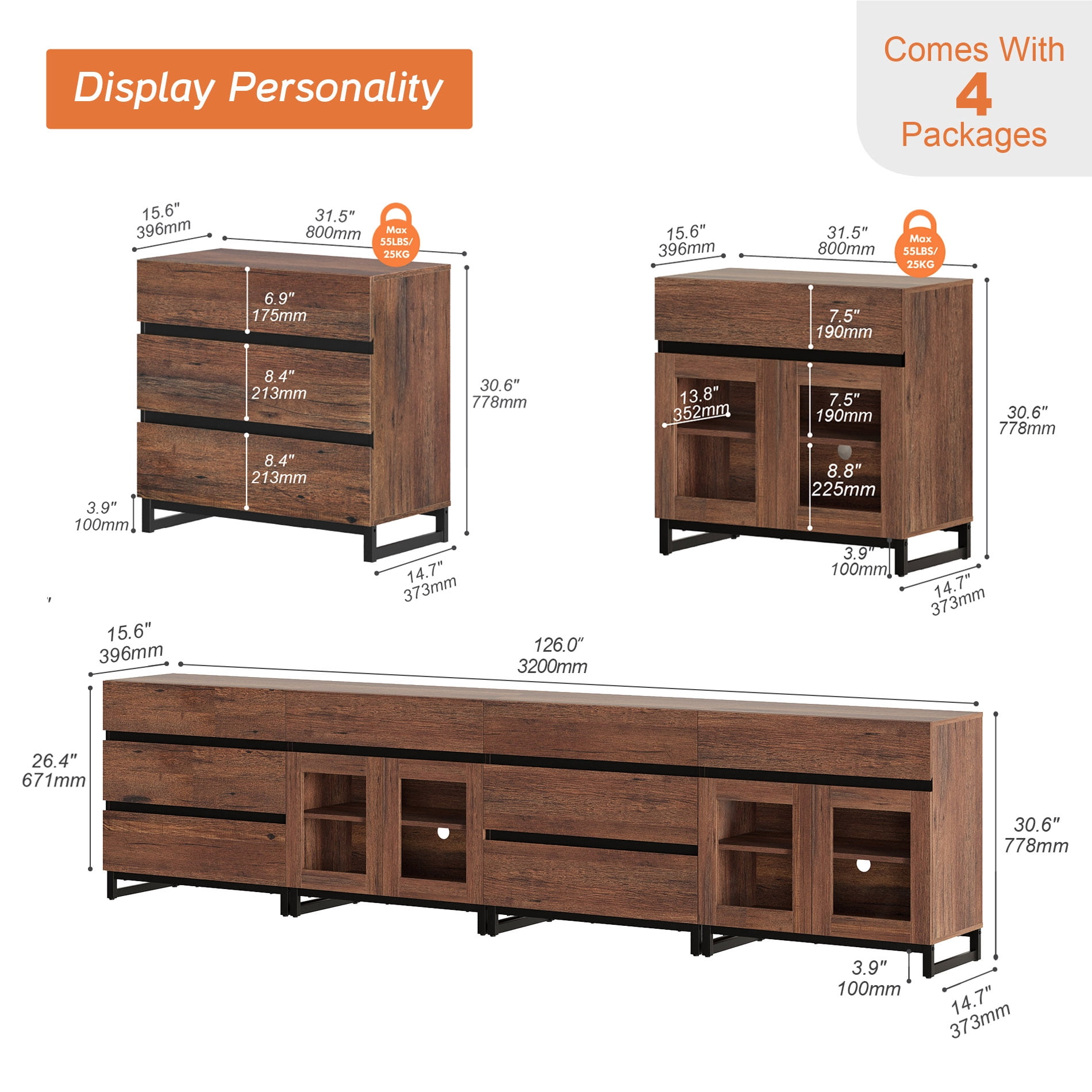 4-In-1 Multifunctional Sideboard Buffet with 8 Drawers, Modern Glass Door Credenza with Adjustable Shelf & Metal Base, Freestanding Storage Cabinet for Kitchen Living Room​,Brown