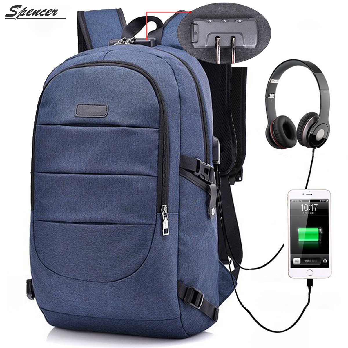 Spencer Laptop Backpack for Men & Women, Anti Theft with lock Water Resistant Business Backpack with USB Charging Port Fits UNDER 17" Laptop & Notebook (Blue) - image 2 of 9