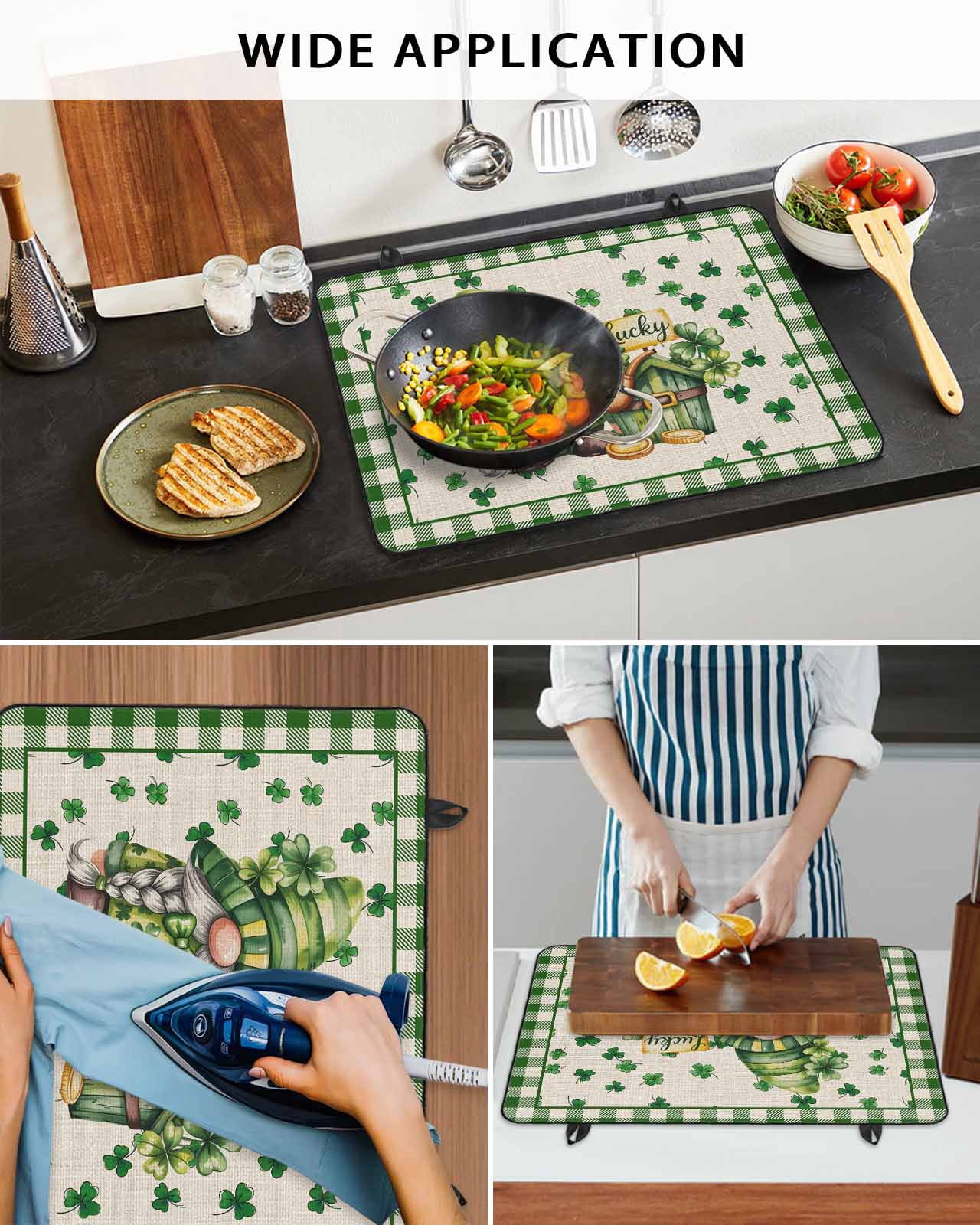 Large Induction Cooktop Protector Mat St. Patrick's Day Stove Top Covers for Electric Stove, Gnomes Shamrock Farmhouse Plaid Beige Decorative Stove Burner Cover Mats, Glass Top Stove Cover