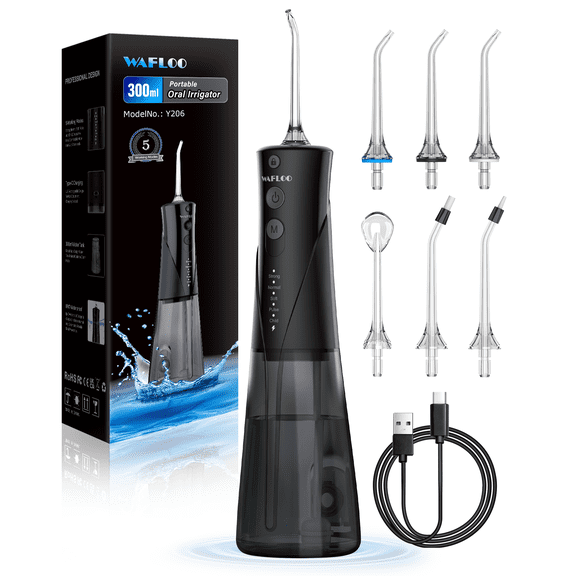 Cordless Water Flosser Dental Teeth Cleaner with 6 Flossing Tips, 5 Modes 300ML Larger Tank IPX7 Waterproof Portable Rechargeable Water Flosser Dental Oral Irrigator for Home and Travel, Black
