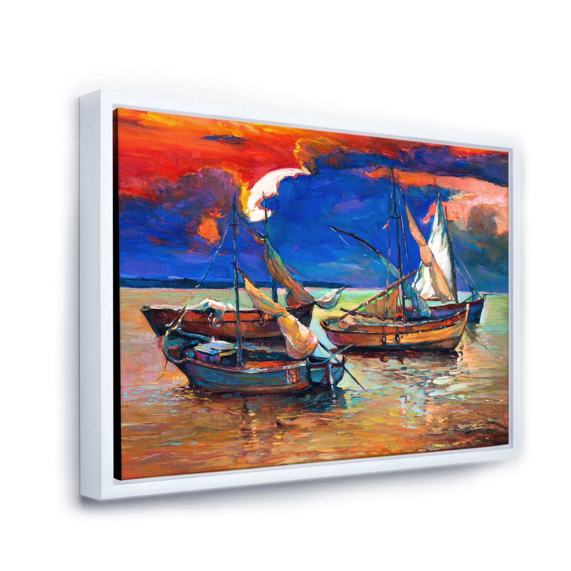 Designart 'Boats On The Water With Dark Blue Sky I' Lake House Framed Canvas Wall Art Print