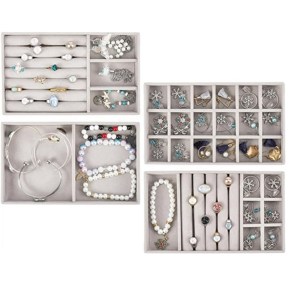 Set of 4 Stackable Jewelry Tray Jewelry Organizer Trays Velvet Grey Showcase Display with Removable Divider Drawers Storage Boxes for Necklaces Bracelets Earrings Rings Holder Accessories Gray