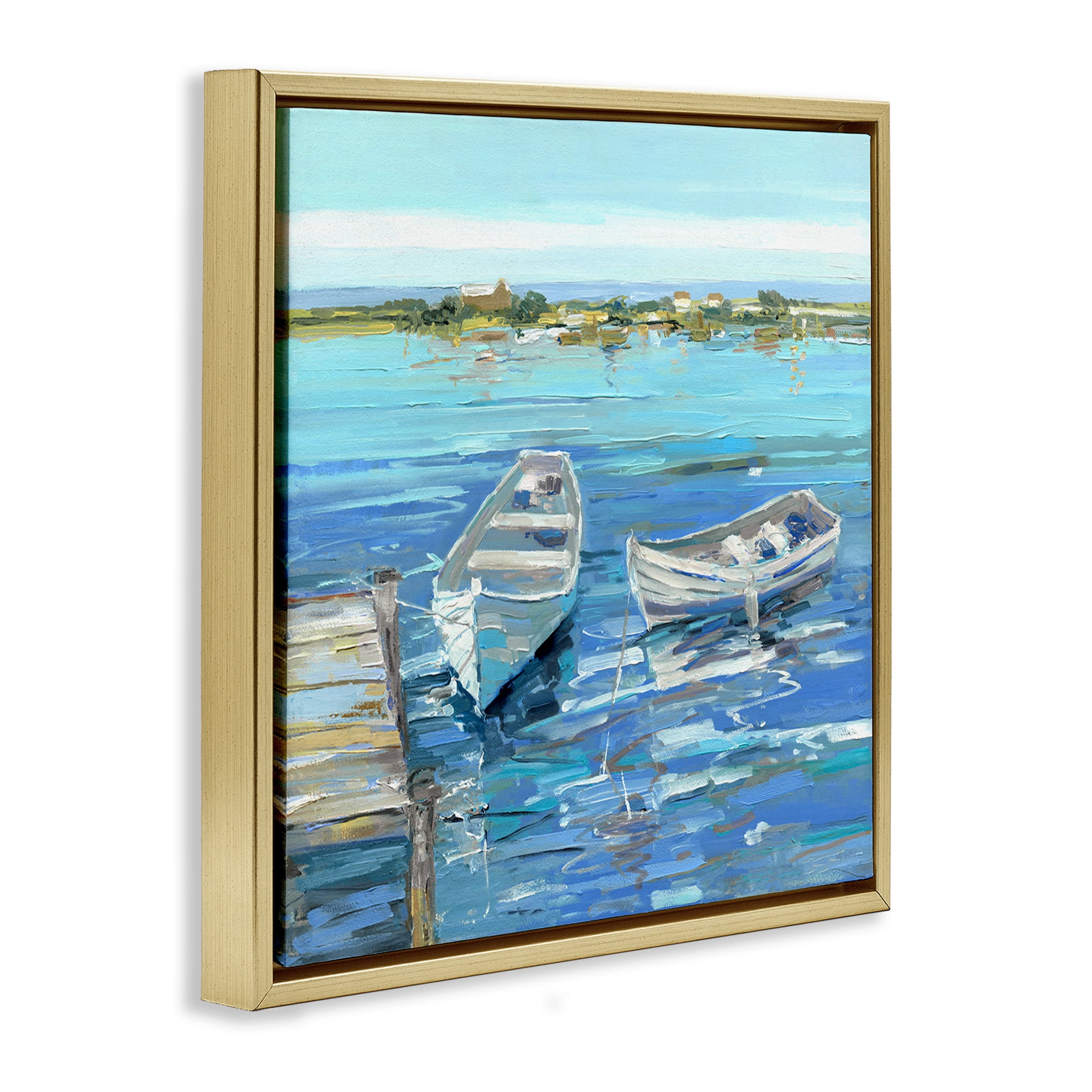 Stupell Industries Serene Rowboats at Dock Nature Painting Gold Floater Framed Canvas Art Print Wall Art, 18 x 18