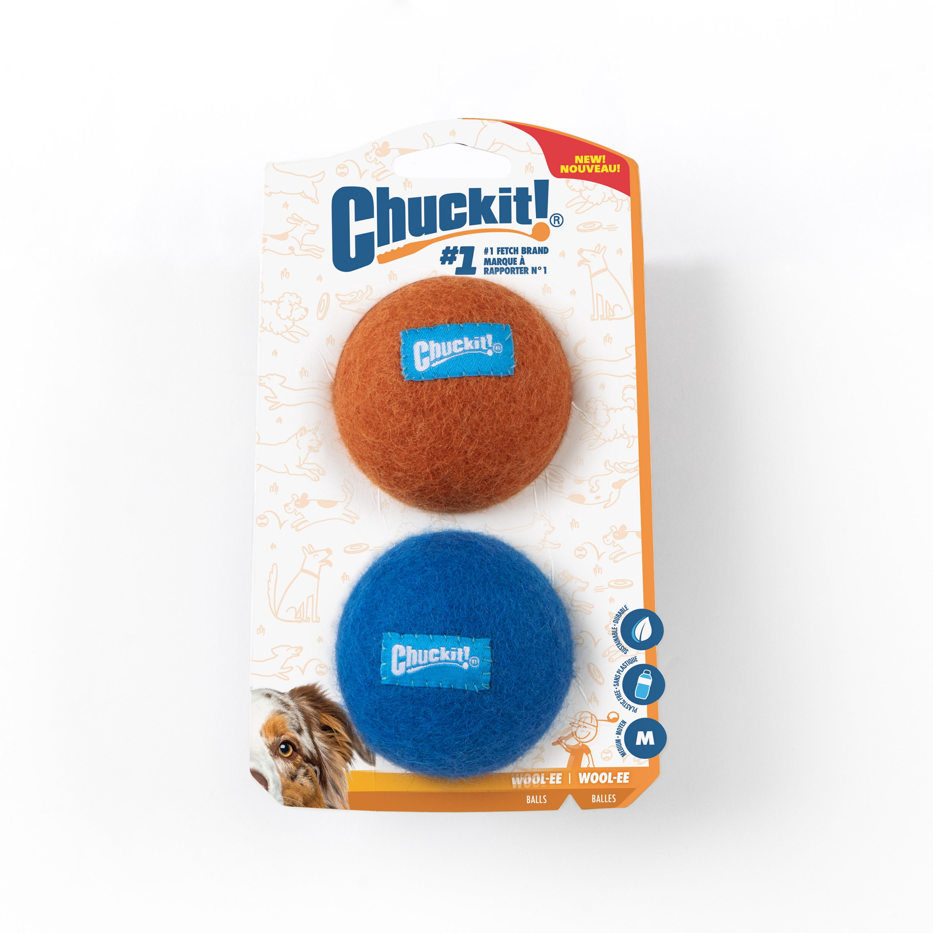 Chuckit! Wool‑ee Plastic‑Free Dog Balls, Medium, Orange & Blue – All‑Natural Wool Indoor Toys for Dogs 20–60 lb, Pack of 2