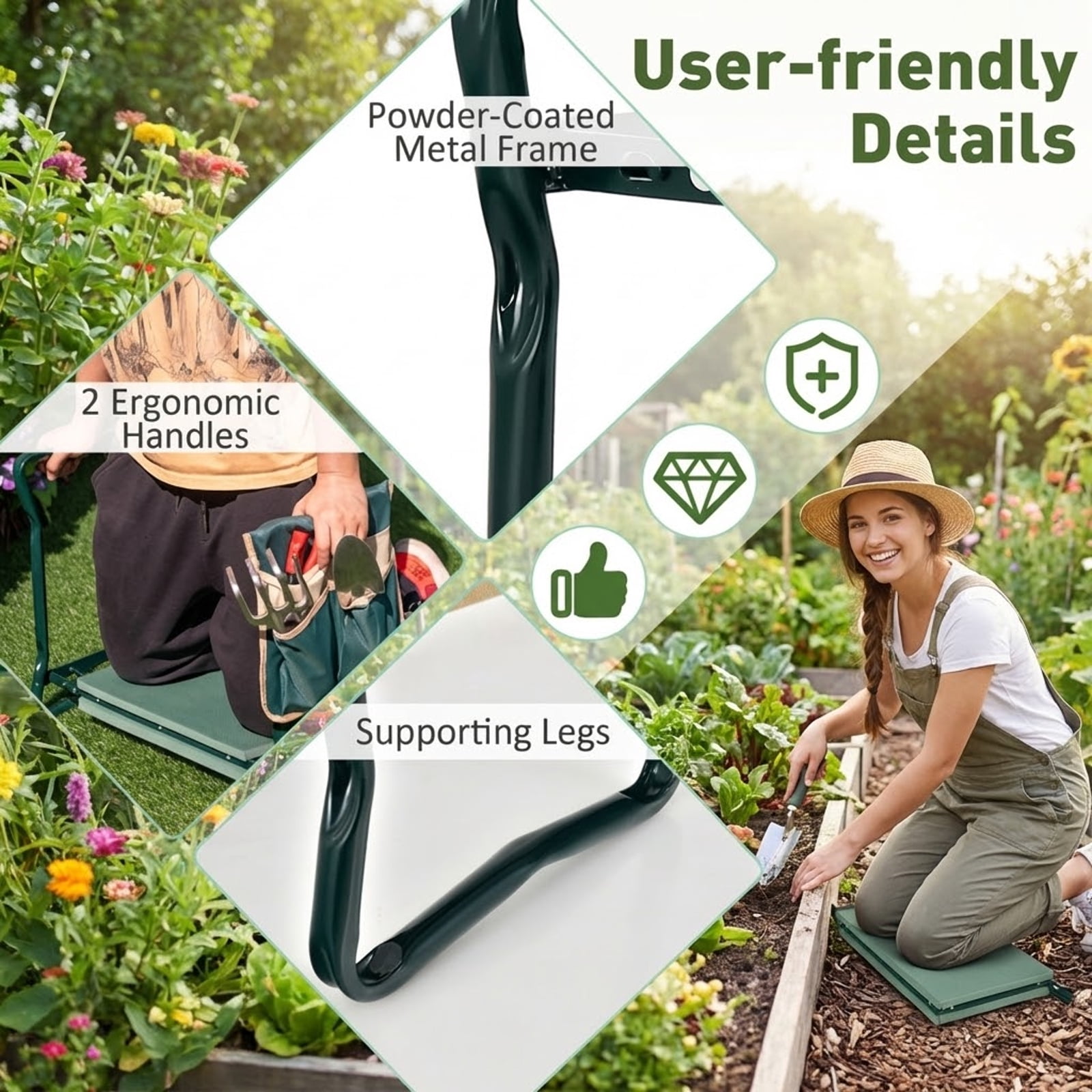 Biotree Folding Garden Kneeler Seat with Cushion Pad and Tool Pouch 300 lbs Capacity Sturdy Steel Frame Green - Compact Outdoor Gardening Bench for Adults